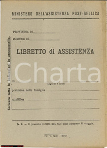 Documento originale, autentico 1945 Ministero dell Assistenza postbellica  Libretto assistenza Intonso 1
