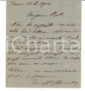Autografo originale 1900 TORINO Ing. Giovanni CHEVALLEY non conosce assistenti onesti AUTOGRAFO 1