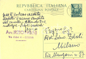 Autografo originale 1952 CESENA *Cartolina autografa poeta Irzio PASINI PASIRZIO FG VG 1