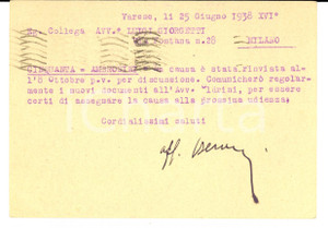 Cartolina originale da collezione 1938 VARESE Avv. Giulio BESOZZI al collega Luigi GIORGETTI Autografo 1
