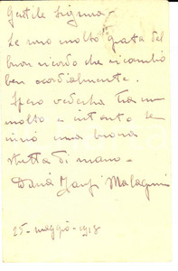 Autografo originale 1918 ALESSANDRIA Daria BANFI MALAGUZZI ringrazia per un omaggio *Autografo 1
