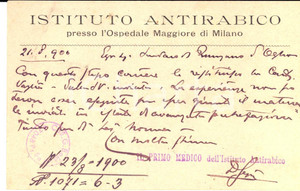 Autografo originale 1900 MILANO ISTITUTO ANTIRABBICO Remo SEGRE' e i campioni putrefatti *Autografo 1