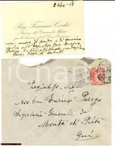 Autografo originale 1918 MILANO Biglietto assessore Francesco CORDA Autogr. 1