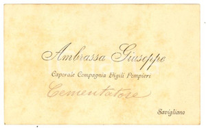 Oggetto da collezione cartaceo 1890 SAVIGLIANO Giuseppe AMBRASSA Caporale dei Pompieri Biglietto da visita 1