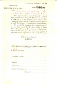 Documento originale, autentico 1900 TORINO Direzione Opere Pie SAN PAOLO Modulo per indirizzo mutuatari 1