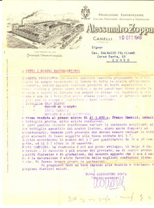 Manoscritto, lettera originale 1949 CANELLI AT Vini del Piemonte Alessandro ZOPPA  Lettera ai rappresentanti 1