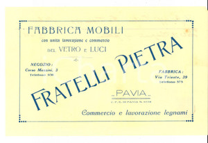 Documento originale, autentico 1925 PAVIA Fabbrica mobili FRATELLI PIETRA *Memorandum intestato 1