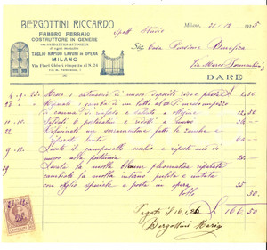 Documento originale, autentico 1925 MILANO Via Fiori Chiari  Riccardo BERGOTTINI Fabbro ferraio Fattura 1