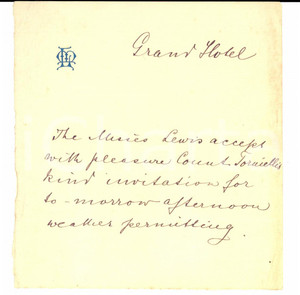 Manoscritto, lettera originale 1900 ca VENEZIA Famiglia LEWIS accetta invito del conte TORNIELLI Biglietto 1