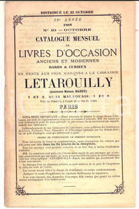 1887 PARIS Librairie LETAROUILLY Catalogue mensuel livres d'occasion rares  n°10