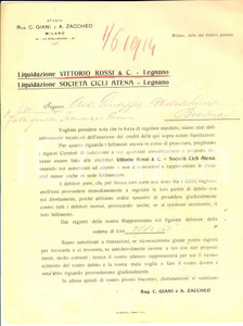 Manoscritto, lettera originale 1914 MILANO Studio GIANI e ZACCHEO Lettera su liquidazione CICLI ATENA LEGNANO 1