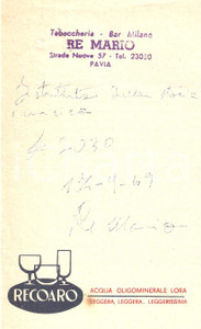 Materiale pubblicitario d’epoca 1969 PAVIA (CO) Bar Milano di Mario Re - Acqua RECOARO *Ricevuta 10x17 cm 1