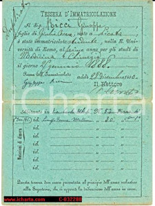 Oggetto da collezione cartaceo 1888 Tessera UniversitÃ  Roma VALENTINO CERRUTI aut. 1