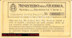 Documento originale, autentico 1920 MOSTRA DELLA PROTEZIONE CHIMICA Padova Biglietto d ingresso 1