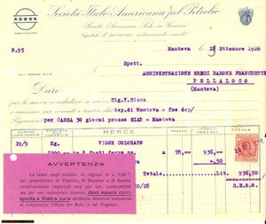 Documento originale, autentico 1928 MANTOVA SocietÃ  Italo-americana pel petrolio *Fattura intestata 1