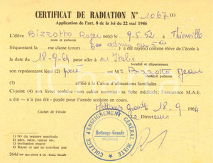 Oggetto da collezione cartaceo 1964 CERTIFICAT DE RADIATION HETTANGE GRANDE 1