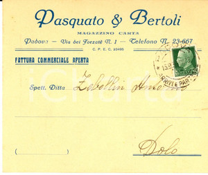 Manoscritto, lettera originale 1939 PADOVA Ditta PASQUATO & BERTOLI Magazzino carta Busta intestata 1