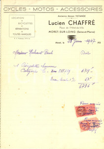 Documento originale, autentico 1947 MORETSURLOING F Lucien CHAFFRE affitto biciclette Fattura intestata 1