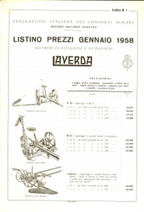 Materiale pubblicitario d’epoca 1958 BREGANZE (VI) Pietro LAVERDA Macchine da fienagione e da raccolto *Listino 1