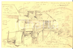 Opera d’arte autentica 1960 FRANCIA Bozzetto a matita di paesaggio alpino con case *Disegno 24x16 cm 1