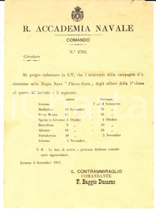 Autografo originale 1911 LIVORNO Regia Accademia Navale - Itinerario R. N. FLAVIO GIOIA istruzione 1