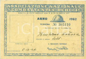 Oggetto da collezione cartaceo 1947 VERCELLI Antenore BARBANO Associazione Combattenti e Reduci *Tessera 1