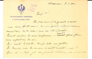 1922 ALESSANDRIA Biglietto soldato 60° Reggimento Fanteria 1° Battaglione LIBIA