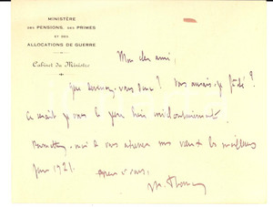 Autografo originale 1920 PARIS Cabinet du MINISTRE DES PENSIONS ET DES PRIMES DE GUERRE Billet 1