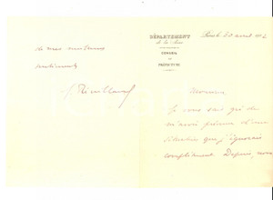 Autografo originale 1922 PARIS DÃ©partement de la SEINE Conseil de PrÃ©fecture pour son PrÃ©sident 1