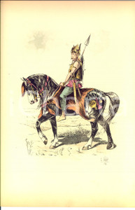 Stampa, bozzetto originale 1890 ca L. VALLET Le chic Ã  cheval  Chef gaulois Litho en couleurs 25x33 1