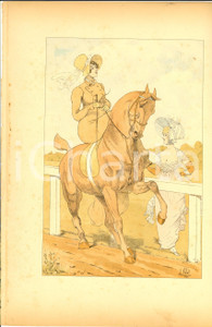 Stampa, bozzetto originale 1890 L. VALLET Le chic Ã  cheval - Deux dames *Lithographie 25x33 1