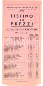 Materiale pubblicitario d’epoca Gennaio 1959 ASTI Consorzio Agrario Provinciale *Listino fertilizzanti e mangimi 1