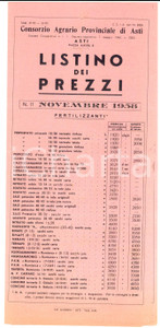 Materiale pubblicitario d’epoca Novembre 1958 ASTI Consorzio Agrario Provinciale Listino fertilizzanti 1