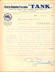 Documento originale, autentico 1925 MILANO SocietÃ  Anonima Italiana TANK forniture bar e alberghi *Lettera 1