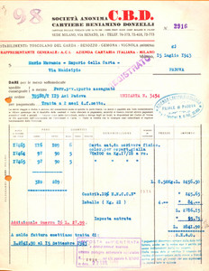 Documento originale, autentico 1943 MILANO Società Anon. C.B.D CARTIERE Beniamino DONZELLI Fattura commerciale 1