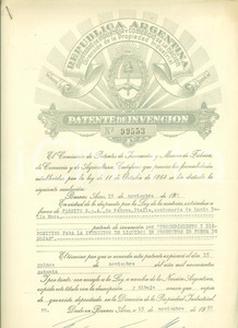 Oggetto da collezione cartaceo 1955 BUENOS AIRES ARGENTINA Brevetto FAESITE SPA iniettore liquidi Documento 1
