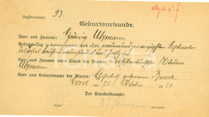 Documento originale, autentico 1920 COZLE POLAND Geburtsurkunde Ludwig ULZMANN Stadt COSEL 1