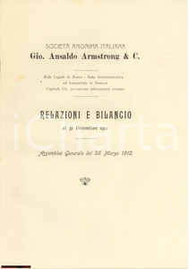 Libro, pubblicazione d epoca 1911 GENOVA  GIO ANSALDO ARMSTRONG Relazioni e bilancio  24 pp. 1