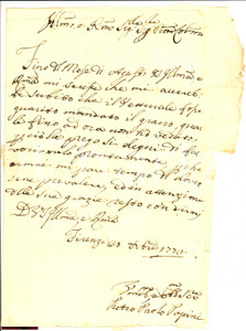 Manoscritto, lettera originale 1773 FIRENZE Papini chiede invio grano e minaccia causa 1