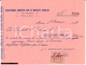 Documento originale, autentico 1928 MILANO Associazione per la moralitÃ  pubblica 1