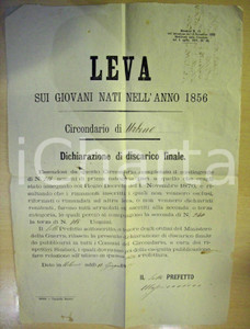 Documento originale, autentico 1877 URBINO Leva sui giovani nati nel 1856 35x50 cm 1