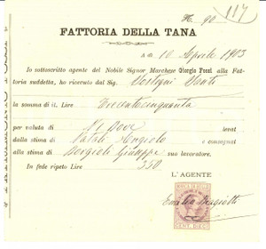 Documento originale, autentico 1903 BAGNO A RIPOLI (FI) Nota bestiami VILLA LA TANA 1