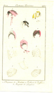 Stampa, bozzetto originale 1802 JOURNAL DES DAMES ET DES MODES Costumes parisiens Chapeaux de Modistes 1