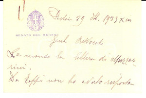 Autografo originale 1935 PISTOIA Biglietto senatore Raffaello BALDI PAPINI Autografo 1