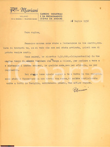 Manoscritto, lettera originale 1952 Milano Via Modena 1 Pietro Mariani Carboni Industriali Lettera 1