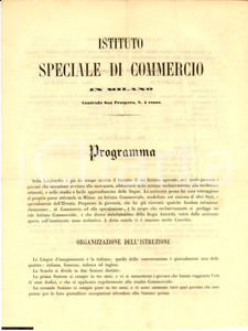 Documento originale, autentico 1860 MIlano Via San Prospero Istituto Speciale Commercio Enrico Wild Programma 1