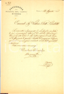 Documento originale, autentico 1875 VICENZA SOCIETA  DEL CASINO Dimissioni NICOLETTI 1