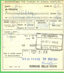 Oggetto da collezione cartaceo 1968 FERROVIE DELLO STATI Biglietto PERUGIA PAVIA II classe 1