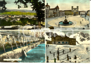 Cartolina originale da collezione 1956 L'AQUILA Vedutine con fontana 99 cannelle e albergo CAMPO IMPERATORE *FG VG 1