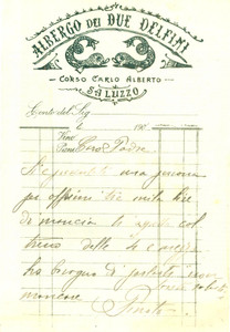 Documento originale, autentico 1910 ca SALUZZO CN Albergo DEI DUE DELFINI Tremila lire di mancia Lettera 1